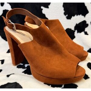 Torrid Cognac Faux Suede Platform Block Heel Slingback Peep Toe Sandals 11W